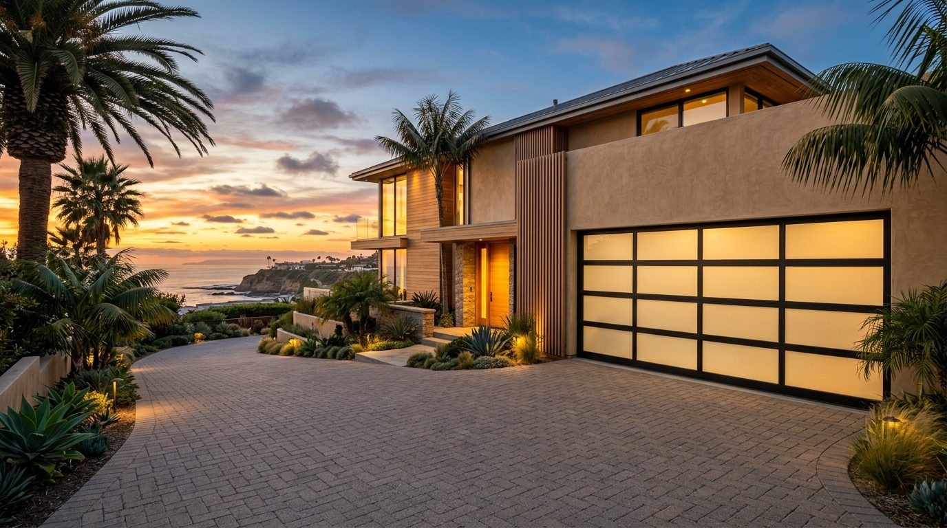 Youssef Master Garage Door Exterior Closed Garage Door at Twilight