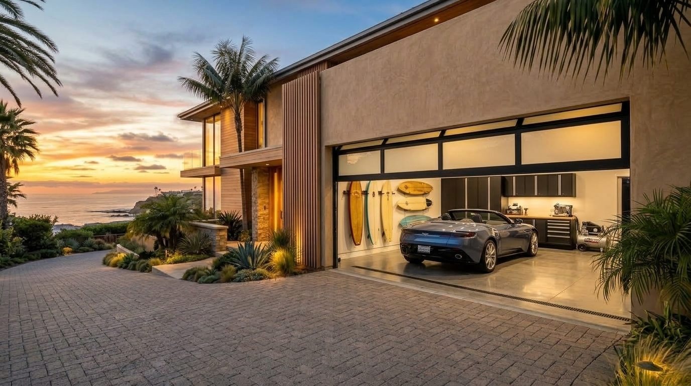 Youssef Master Garage Door Garage Door Gliding Open Revealing Warm Illuminated Interior